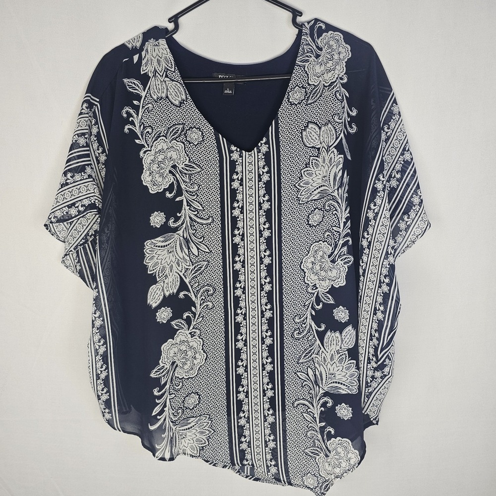 Roz & Ali Top Womens Size Large‎ Blue White Print Tropical Casual Boho EUC
